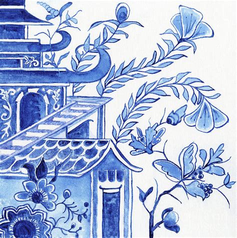 Chinoiserie Blue And White Pagoda Floral 1 Painting By Audrey Jeanne