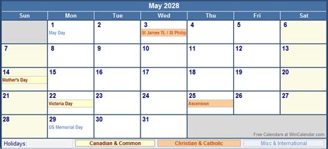 May 2028 Canada Calendar With Holidays For Printing Image Format