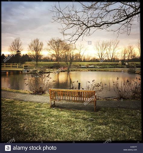 A Park Bench By The Lake Is Facing The Beautiful Sunset 2 Stock
