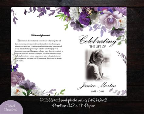 Purple Lavender Peony Funeral Program Template Bi Fold Template
