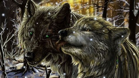 Обои на рабочий стол Волчица с желтыми глазами облизывает волка с зелеными глазами обои для