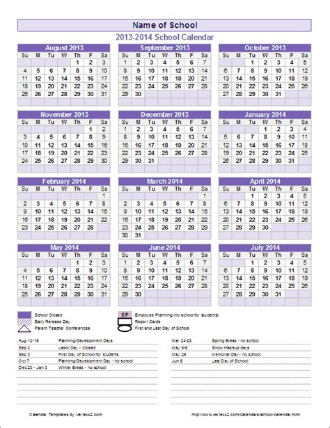 School Year Calendar Template Ewriting