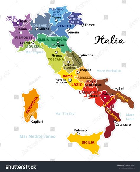 Beautiful Colorful Map Italy Italian Regions เวกเตอร์สต็อก ปลอดค่า