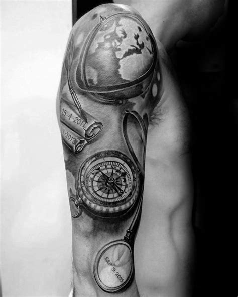 Lifelike Black Ink Sleeve Tattoo Of Big Compass With Globe And Map