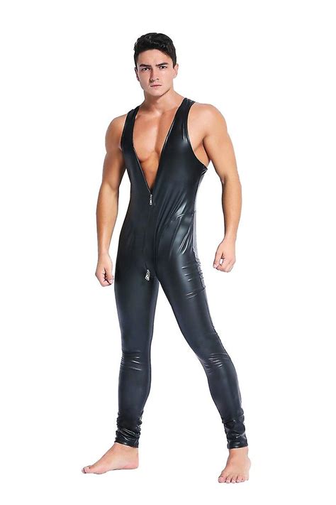 hot sexy male latex pvc jumpsuit zentai costume men black shiny leather catsuit zipper open
