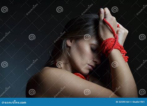 Beautiful Young Woman Tied With The Red Rope Stock Images Image 32595164
