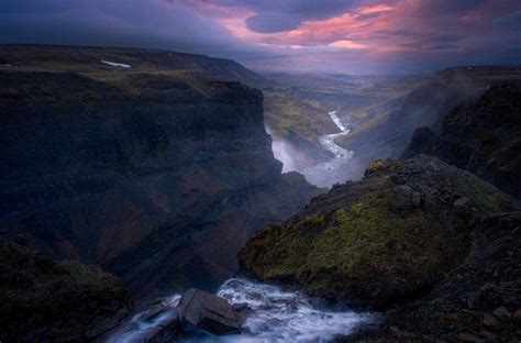 Summer Calm Iceland Canyon River Sunset Sky Mist Clouds Hill