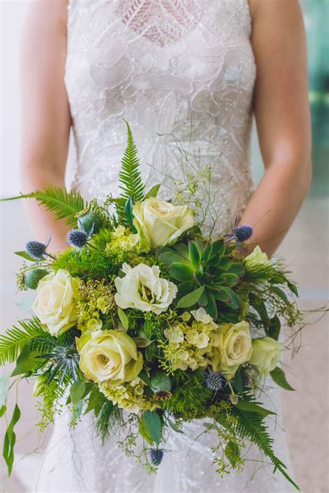 Peonies, lillies, roses, oh my! Loose Green Bouquet With Ferns and Thistle
