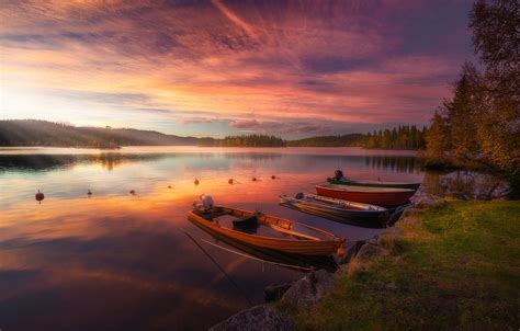 Wallpaper Landscape Sunset Nature Lake Boats The