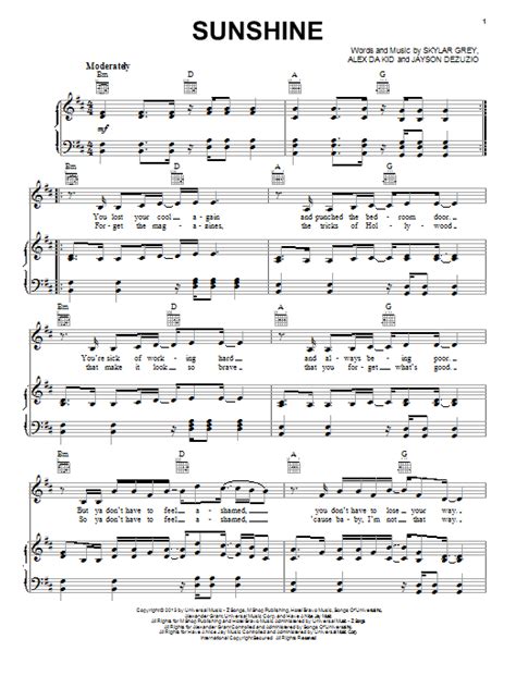 Sunshine Sheet Music Skylar Grey Piano Vocal And Guitar Chords