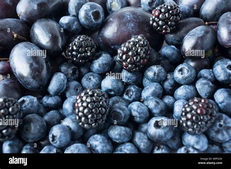 Blue And Black Food Background Of Fruits And Berries Fresh