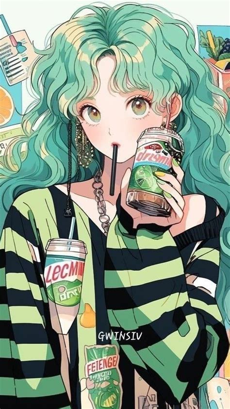 A Girl With Green Hair Drinking From A Can And Holding A Drink In Her Hand