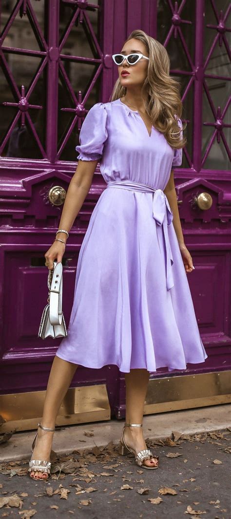 lilac the color to know lilac puff sleeve silk dress with tie waist and circle skirt