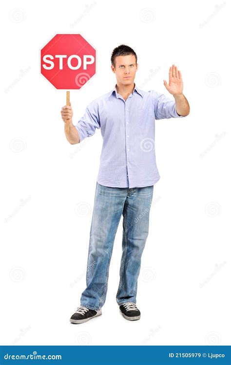 Man Gesturing And Holding A Traffic Sign Stop Stock Image Image Of