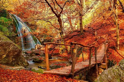 Bridge In Autumn Forest Bridge Waterfall Park Foliage Wooden
