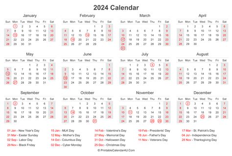 2024 Calendar With Us Holidays At Bottom Landscape Layout