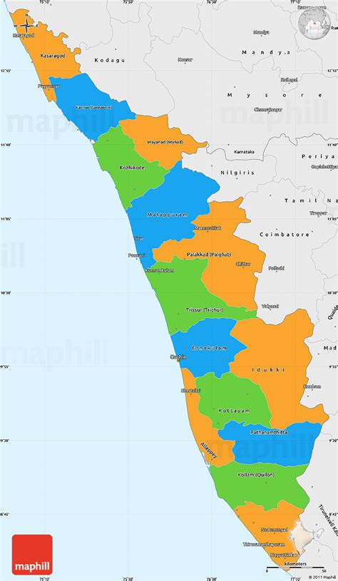 Please note, there are buttons on the map to zoom, that allows you to see the objects you: Political Simple Map of Kerala, single color outside, borders and labels