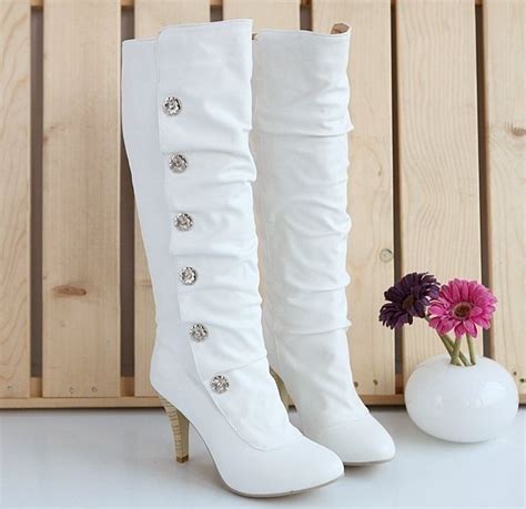 Picture Of White Tall Boots With Rhinestone Buttons And