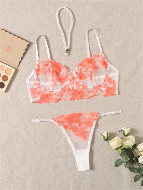 Multicolor Romantic Mesh Floral Sexy Sets Embellished High Stretch