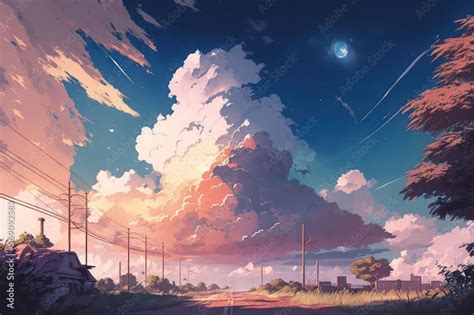 Download Sky With Beautiful Sunset Light Fantasy Anime Art Style By