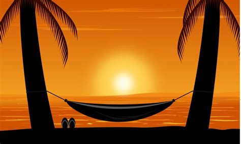 Silhouette Of Palm Tree And Hammock On Beach Under Sunset Sky