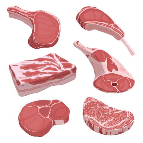 Set Of Cartoon Food Collection Of Stylized Raw Meat Sliced Assortment