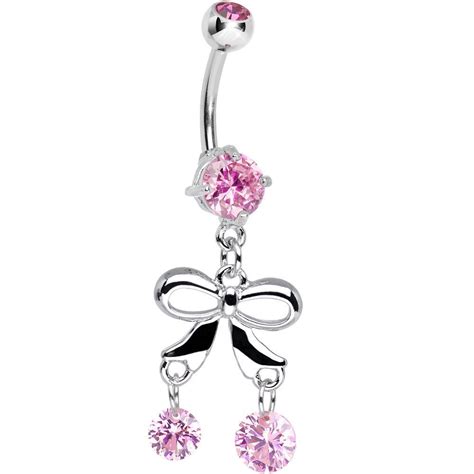 Pink Gem Duo Of Round Drops And Bow Dangle Belly Ring Belly Piercing Jewelry Belly Button