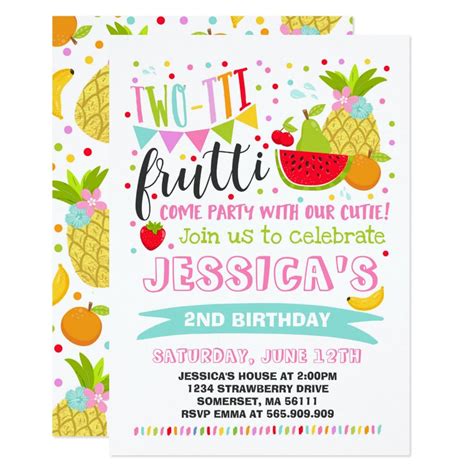 Two Tti Frutti Party Invitation 2nd Birthday Party Zazzle