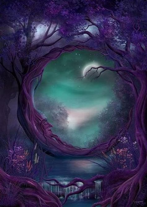 Forest Tree Crescent Moon Branches Mist Surreal Lunar Fantasy