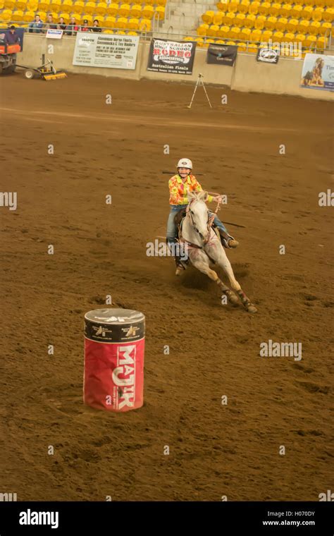 Barrel Racing At An Indoor Arenayoung Girl Riding With Whip In Mouth