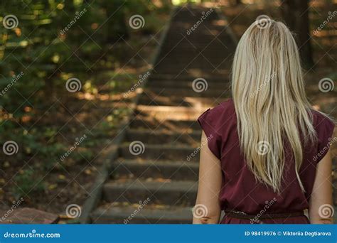 Woman Going Up The Stairs In The Park Stock Photo Image Of Back