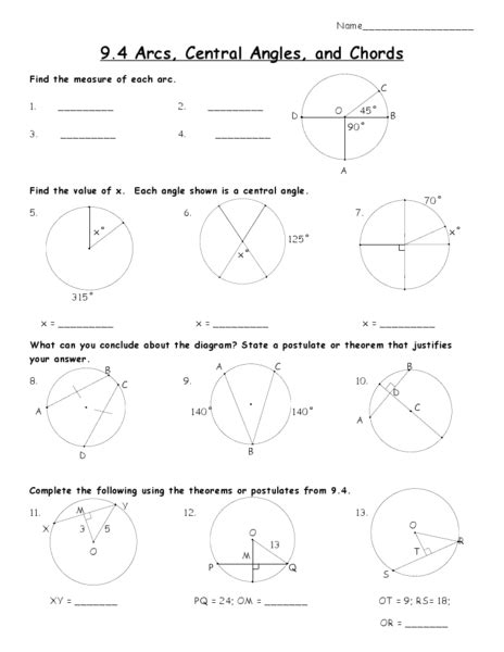 Central Angles And Arc Measures Worksheet