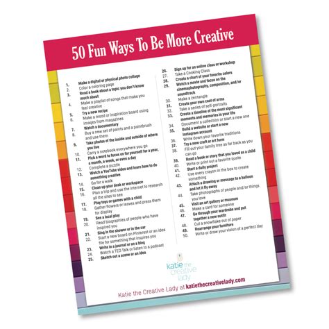 Free Printable 50 Fun Ways To Be Creative — Katie The Creative Lady