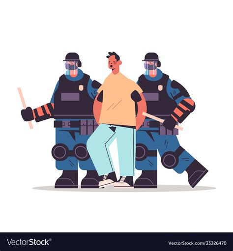 Riot Police Officers Arresting Male Street Vector Image