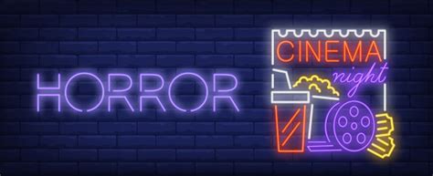 Free Vector Horror Night Neon Sign Popcorn Cola And Film Reel On