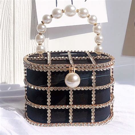 Women Synthetic Pearl Top Handle Crystal Metal Bucket Bag Etsy