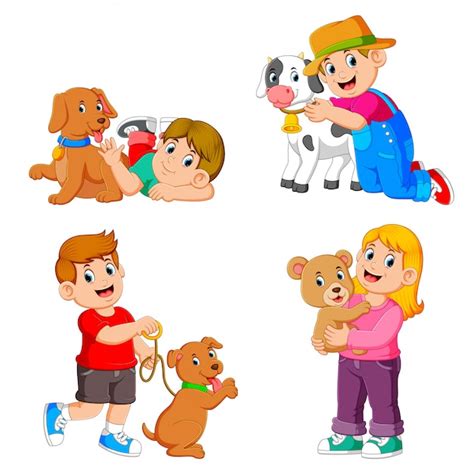 La colección de los niños jugando con sus mascotas y animales Vector Premium