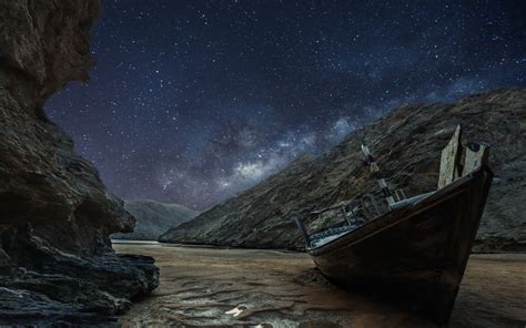 Nature Landscape Starry Night Boat Milky Way Puddle Sand Rock