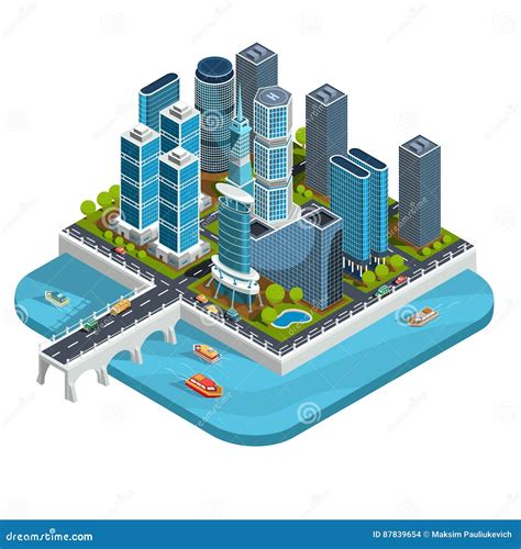Vector Isometric 3d Illustrations Of Modern Urban Quarter With