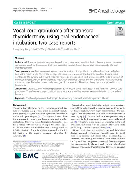 Pdf Vocal Cord Granuloma After Transoral Thyroidectomy Using Oral