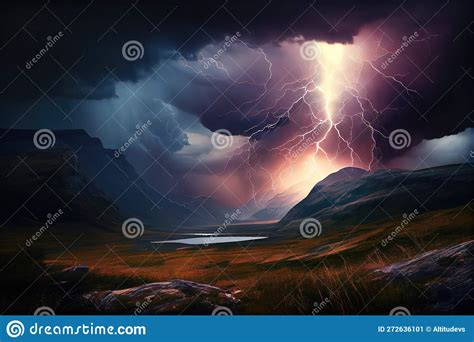 Dramatic Thunderstorm Over Valley With Lightning Striking And Rain