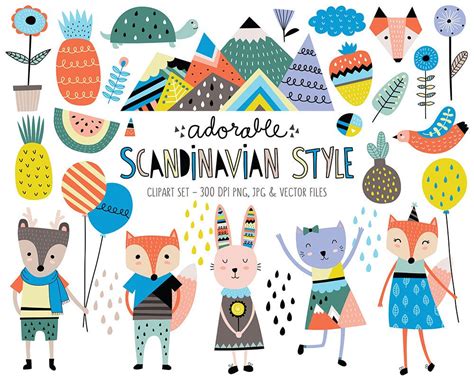 Cute Animals Clip Art Set Scandinavian Style Clipart Design Elements