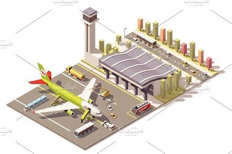 Vector Isometric Low Poly Airport Terminal Building With Airplane And