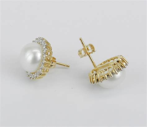 Pearl And Diamond Halo Stud Earrings K Yellow Gold June Birthstone