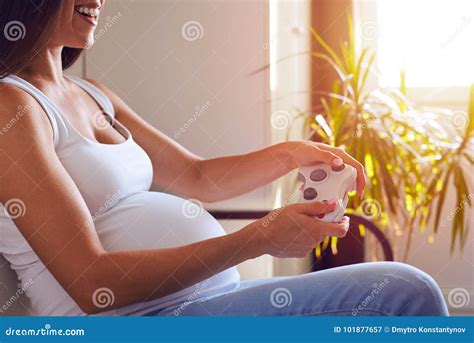 Pregnant Woman Holding Joystick And Playing Video Games Stock Image Image Of Female Hands