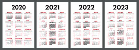 Calendar 2020 2021 2022 And 2023 English Color Vector Set Vertical Wall