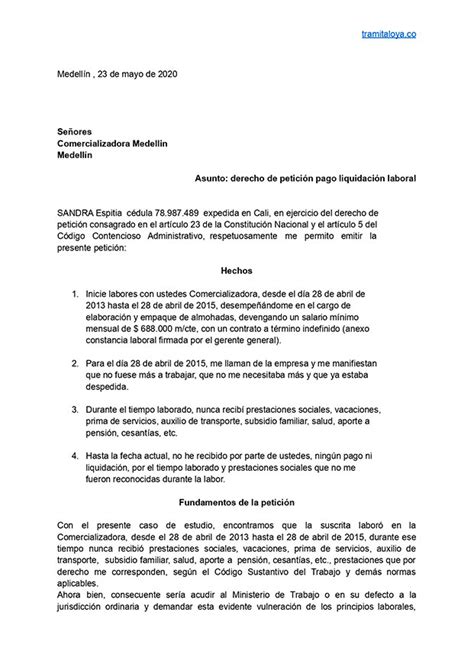 Modelo Derecho De Peticion Liquidacion Laboral Pdmrea