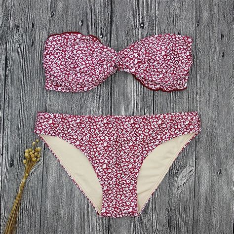 Floral Sexy Bikini Pink Bandeau Woman Bikini Set 2018 Scalloped