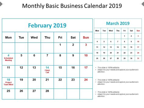 Monthly Basic Business Calendar 2019 Presentation Graphics