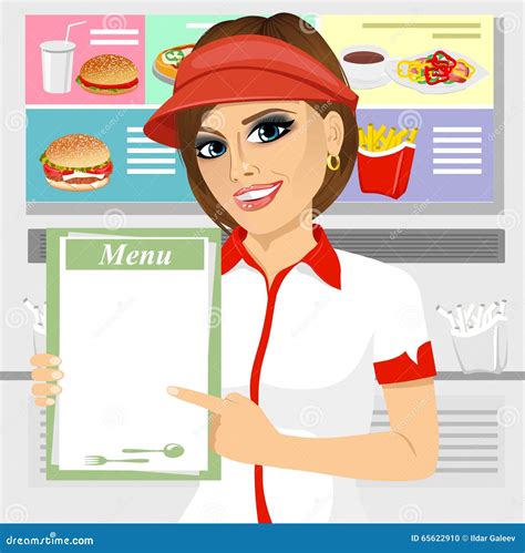 Female Fast Food Restaurant Employee Holding A Menu Stock Vector